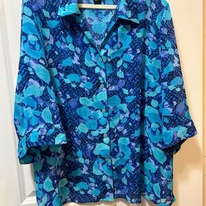 Blue and Teal Floral Print Blouse Maggie Barnes 2X
